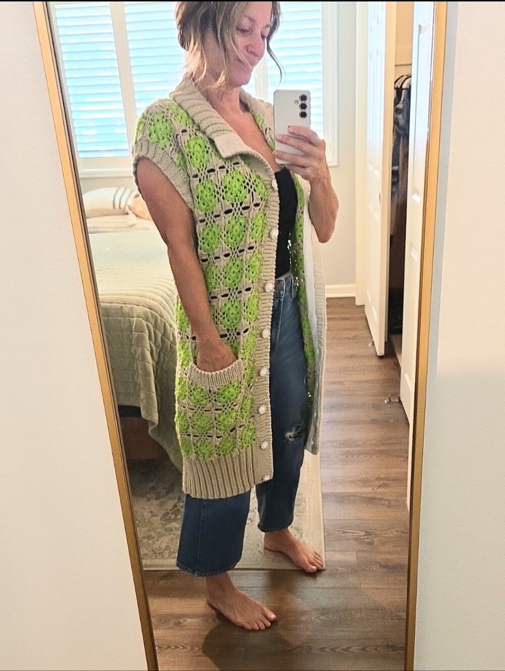 Granny Style Hand Knit Button Front Crotchet Cardigan